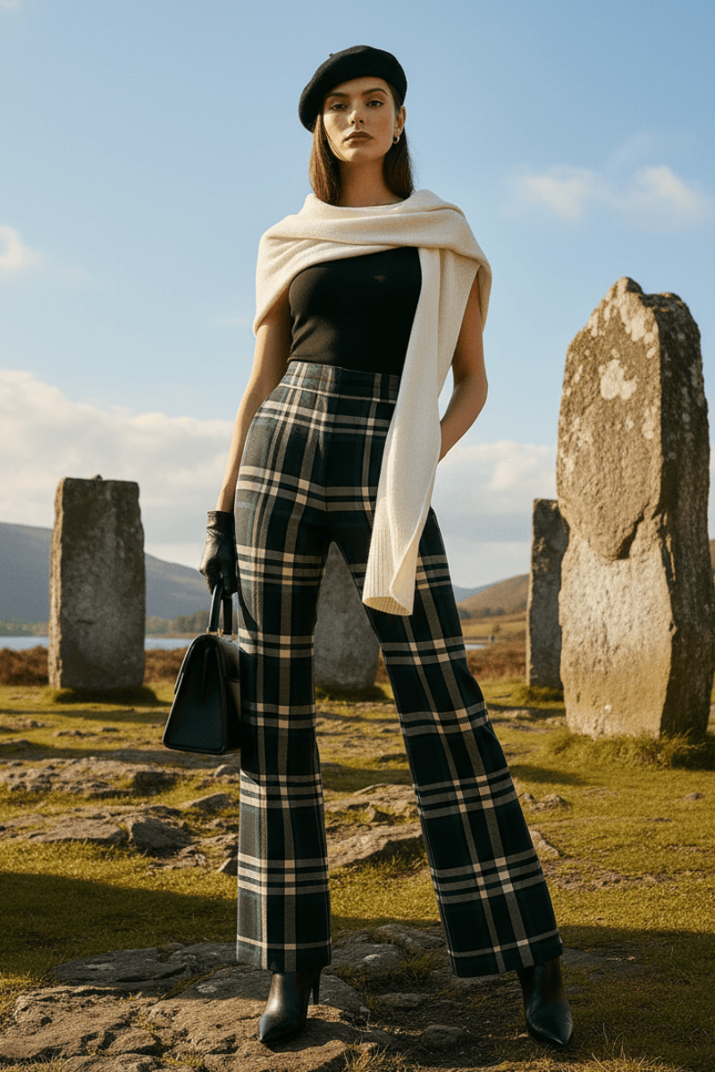 Woman wearing Glamis plaid high waisted trousers with black top and beret standing outdoors near stone monuments