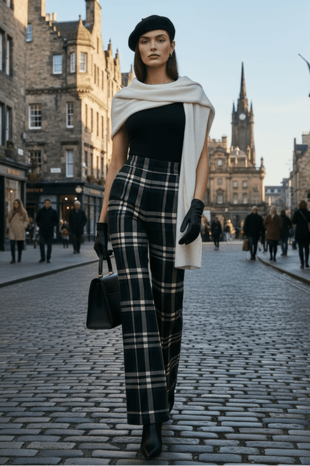 Woman wearing Glamis plaid high waisted trousers with black top and beret walking on city street