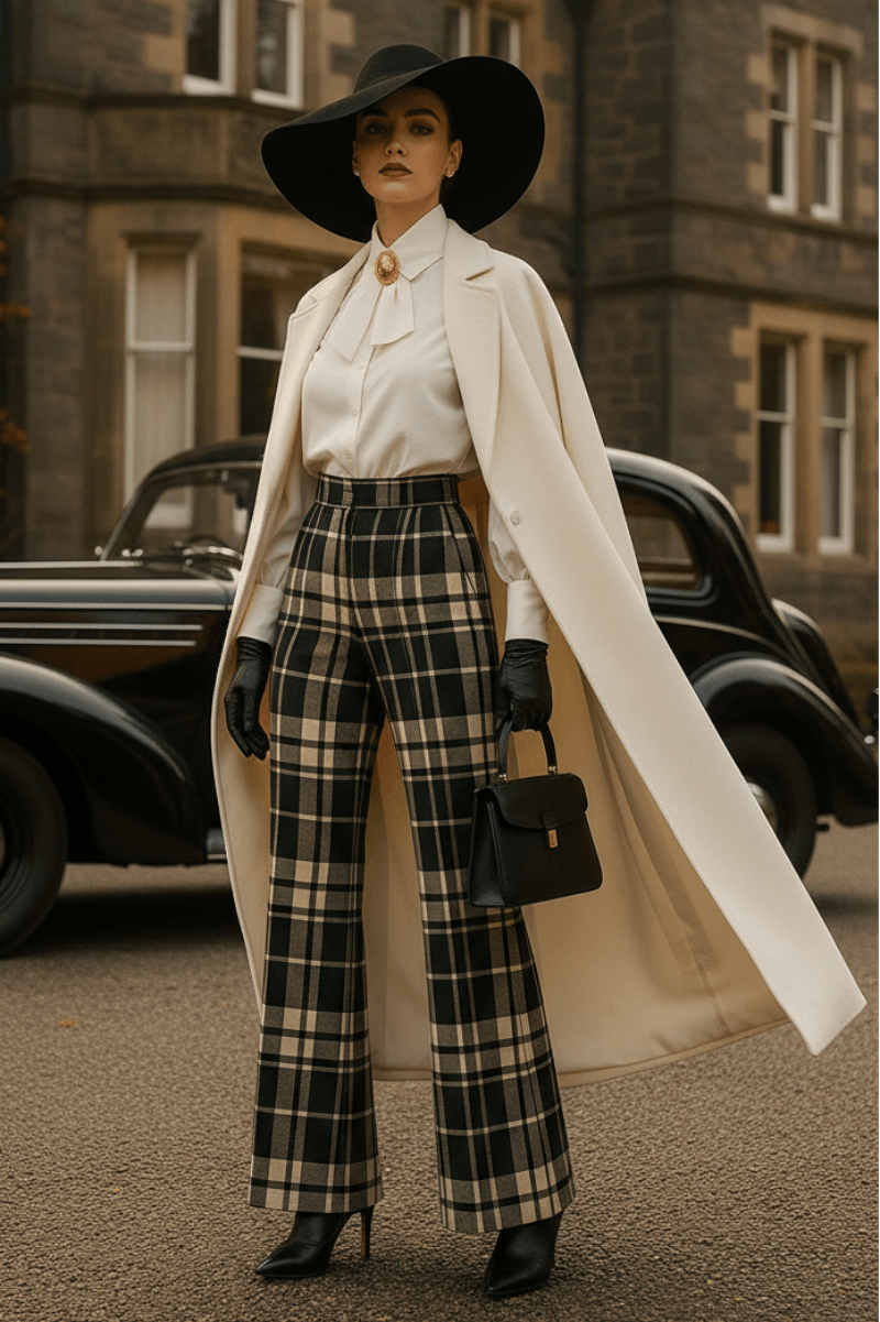 Woman wearing Glamis plaid high waisted trousers styled with a white blouse, long cream coat, black hat, and black gloves