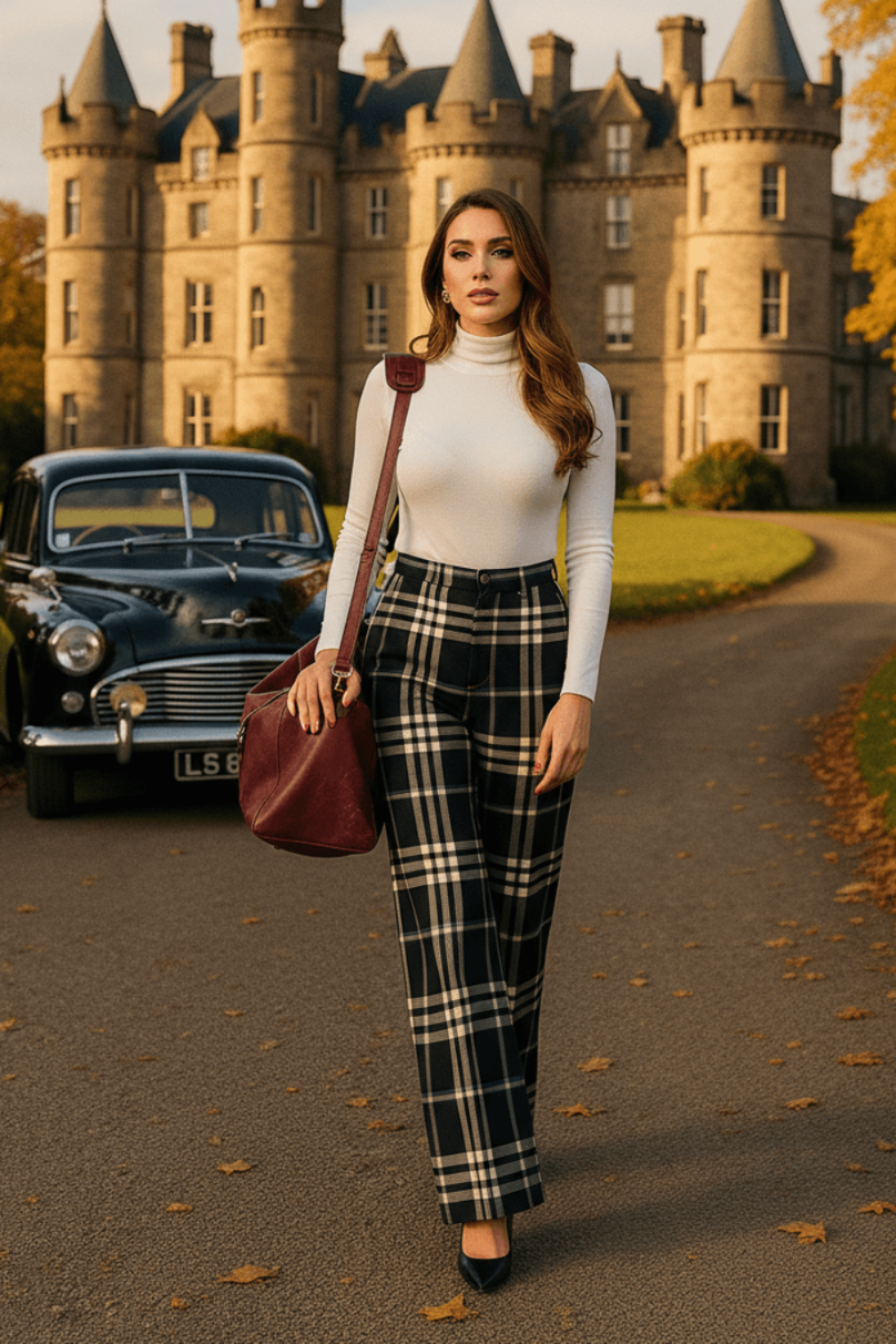 Woman wearing Glamis plaid high waisted trousers standing on road in front of a historic castle