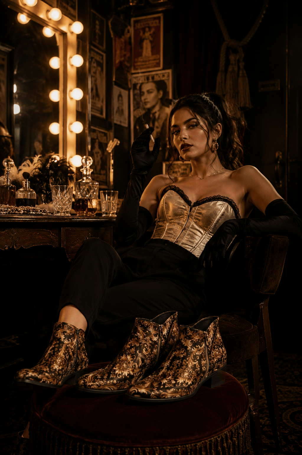 Golden Brown Baroque Ornamental ankle fashion boots with elegant outfit for evening wear