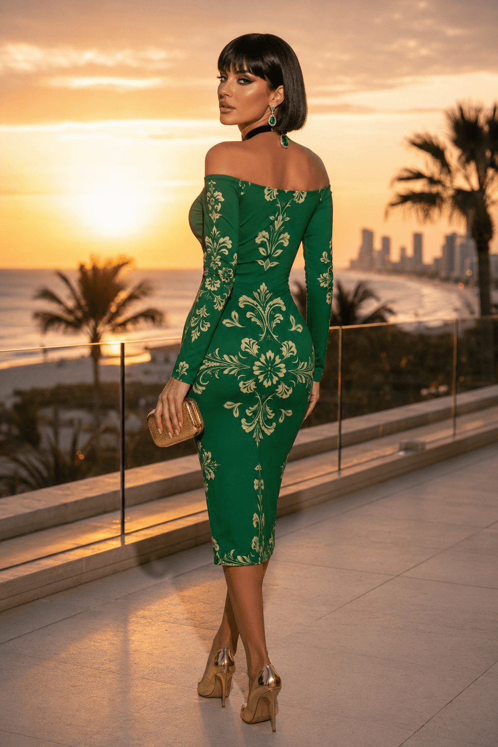 Green Baroque Off Shoulder bodycon dress Elegant Evening Outfit with Gold Embroidery