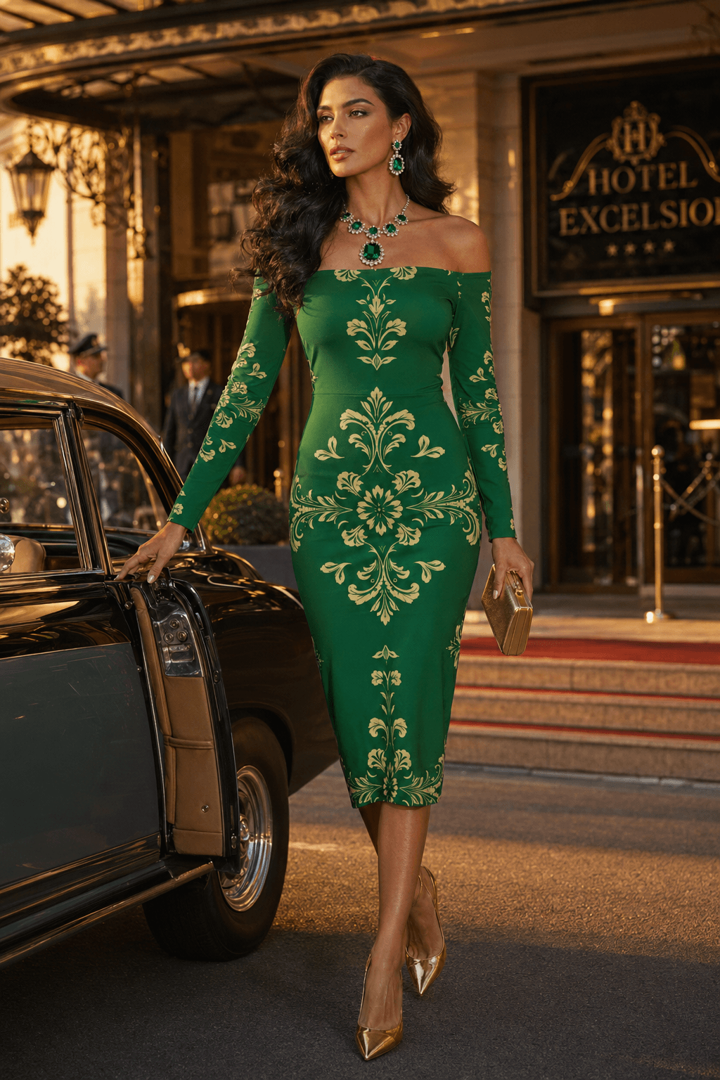 Green Baroque Off Shoulder Bodycon Dress Elegant Evening Outfit with Gold Floral Patterns