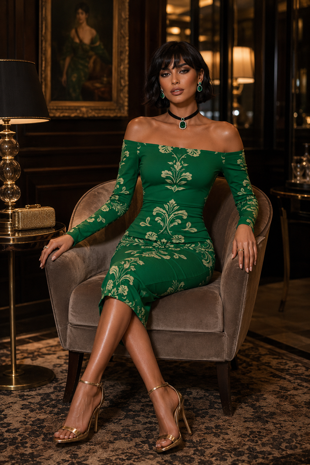 Green Baroque Off Shoulder Bodycon Dress Elegant Evening Outfit