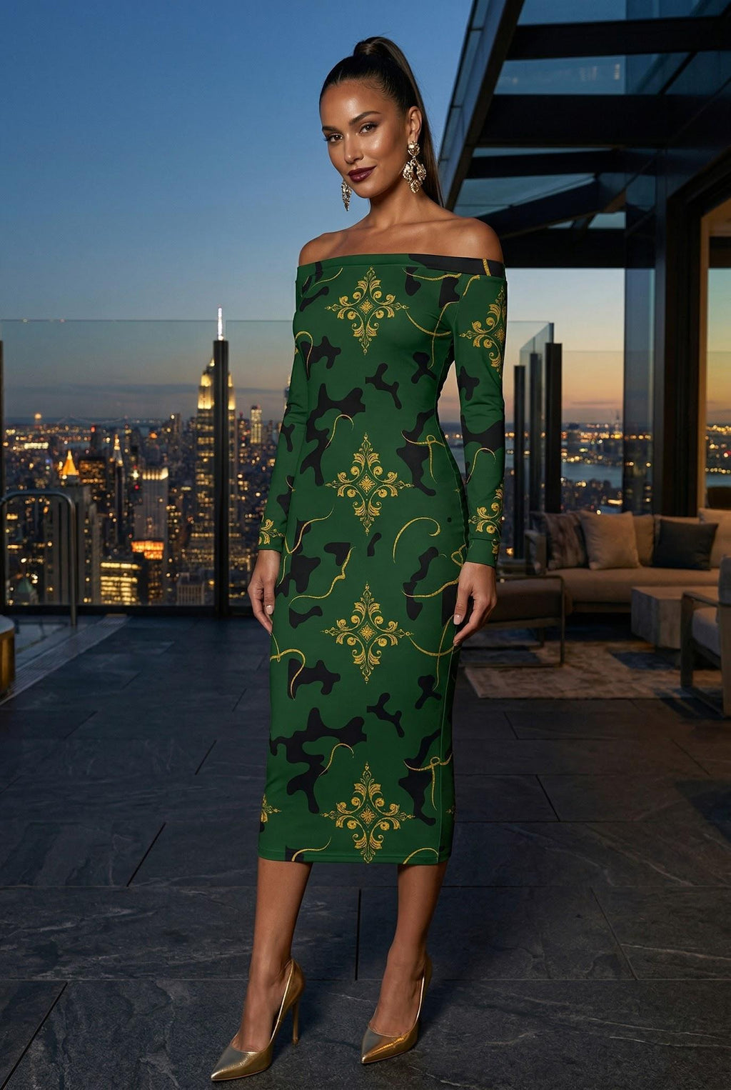 Camo Gold Barogue Wrap Dress Elegant Evening Outfit Long Sleeve Stylish