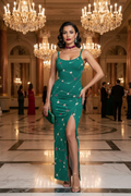 Green and bodycon dress elegant evening outfit with slit and floral embroidery
