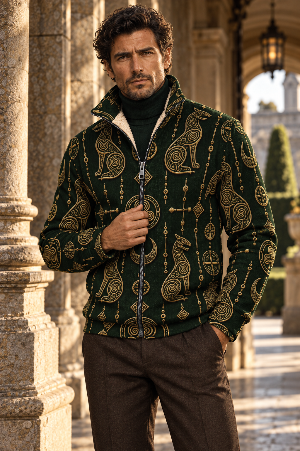 Front view of a men's green and gold Pictish fleece jacket.