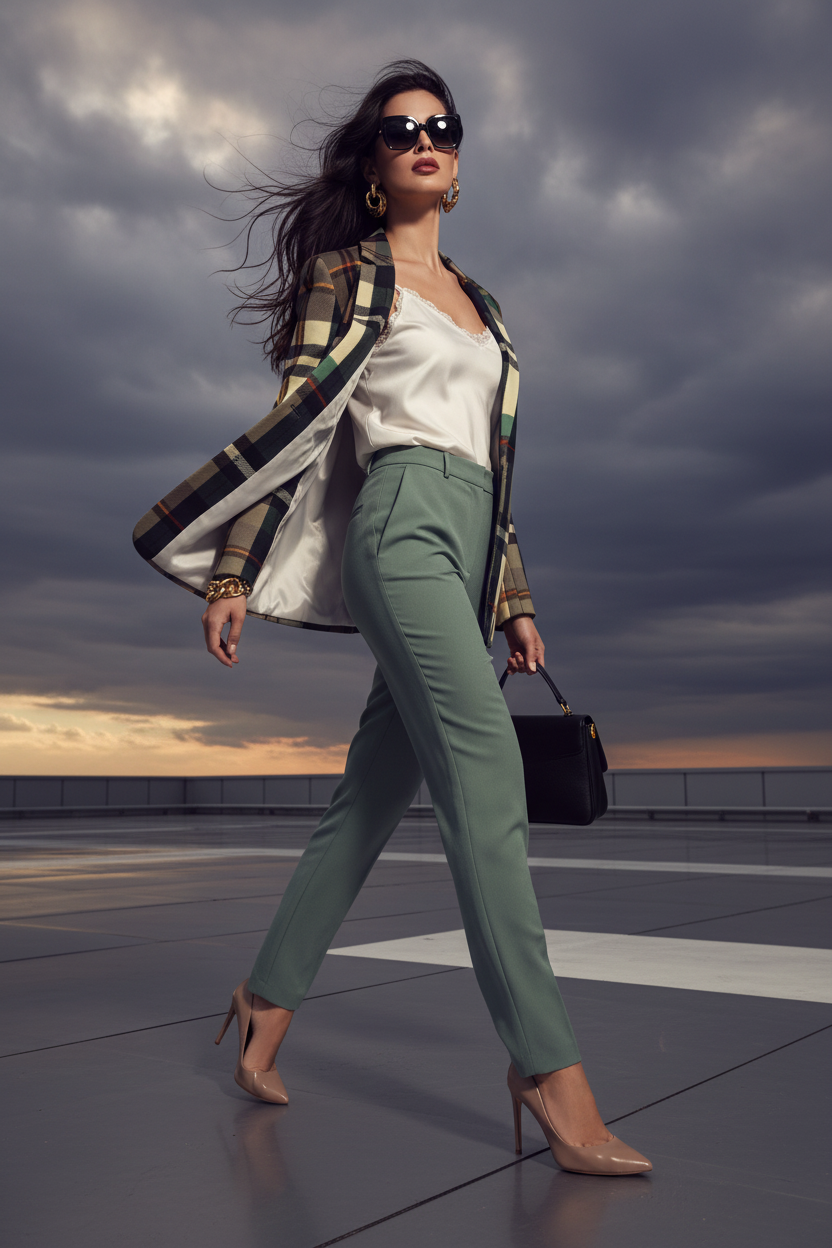 Green-Grey Tartan Plaid Jacket Elegant Outfit for Evening Stylish Look