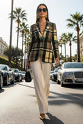 Green-Grey Tartan Plaid Jacket Outfit for Elegant Evening Wear