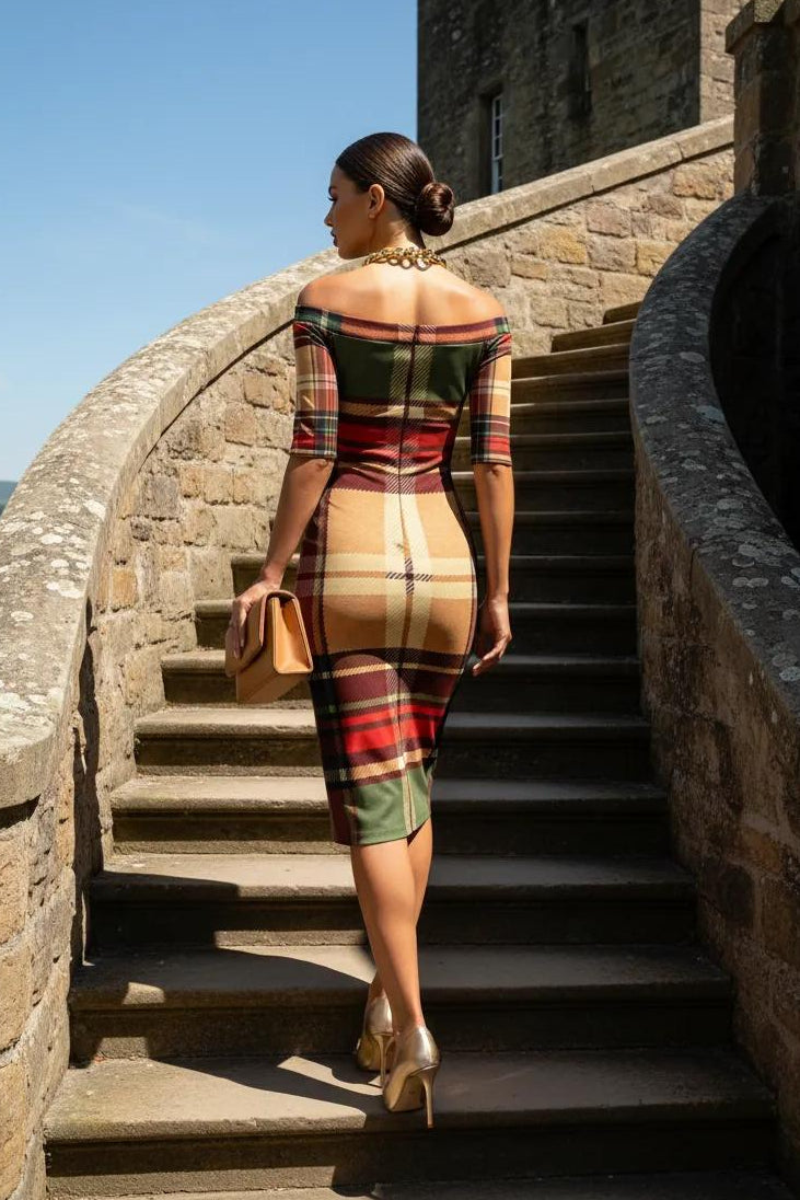 Wrap Dress Tartan Off Shoulder Midi Elegant Evening Outfit with High Heels