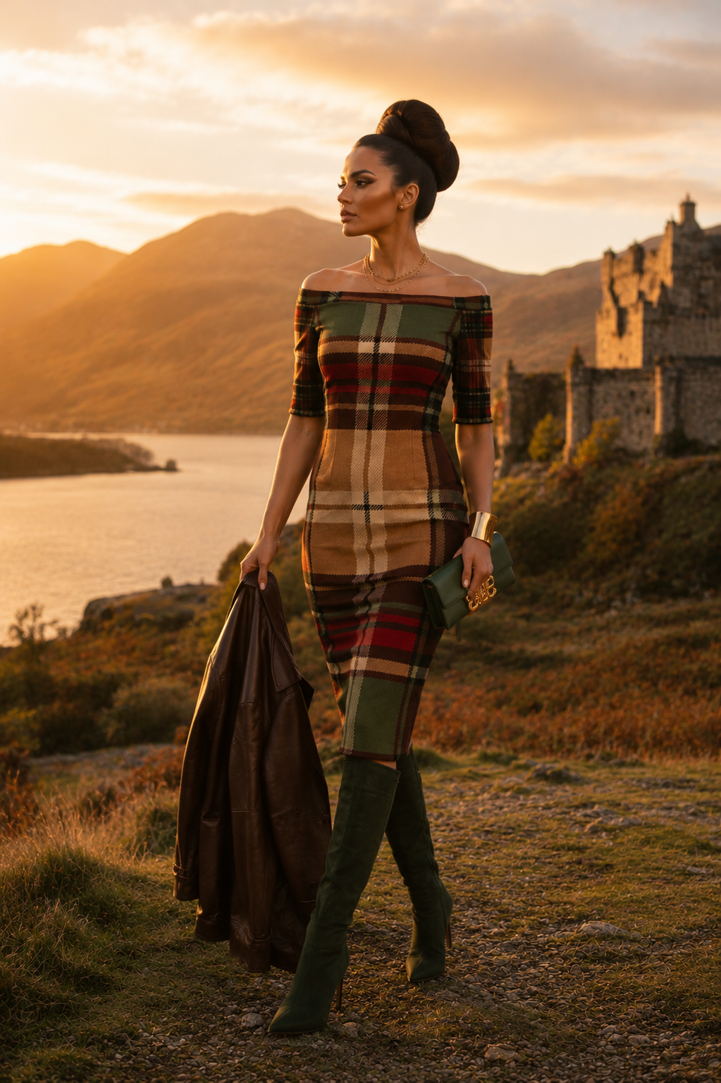 Wrap Dress Tartan Off Shoulder Midi Elegant Evening Outfit with Classic Plaid Design
