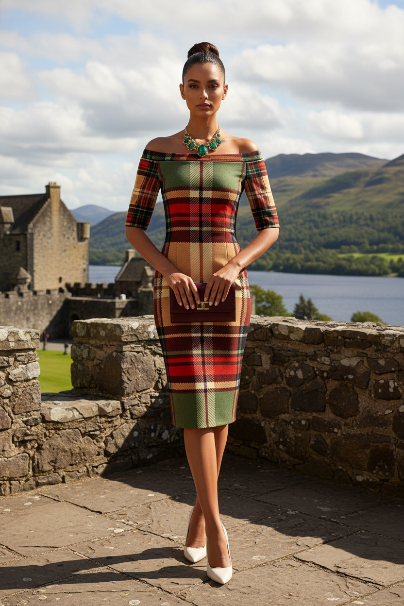 Wrap Dress Tartan Off Shoulder Midi Elegant Fit Evening Outfit with Classic Pattern