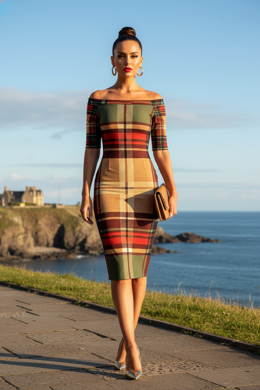 Wrap Dress Tartan Off Shoulder Midi Elegant Evening Outfit with Classic Plaid Pattern