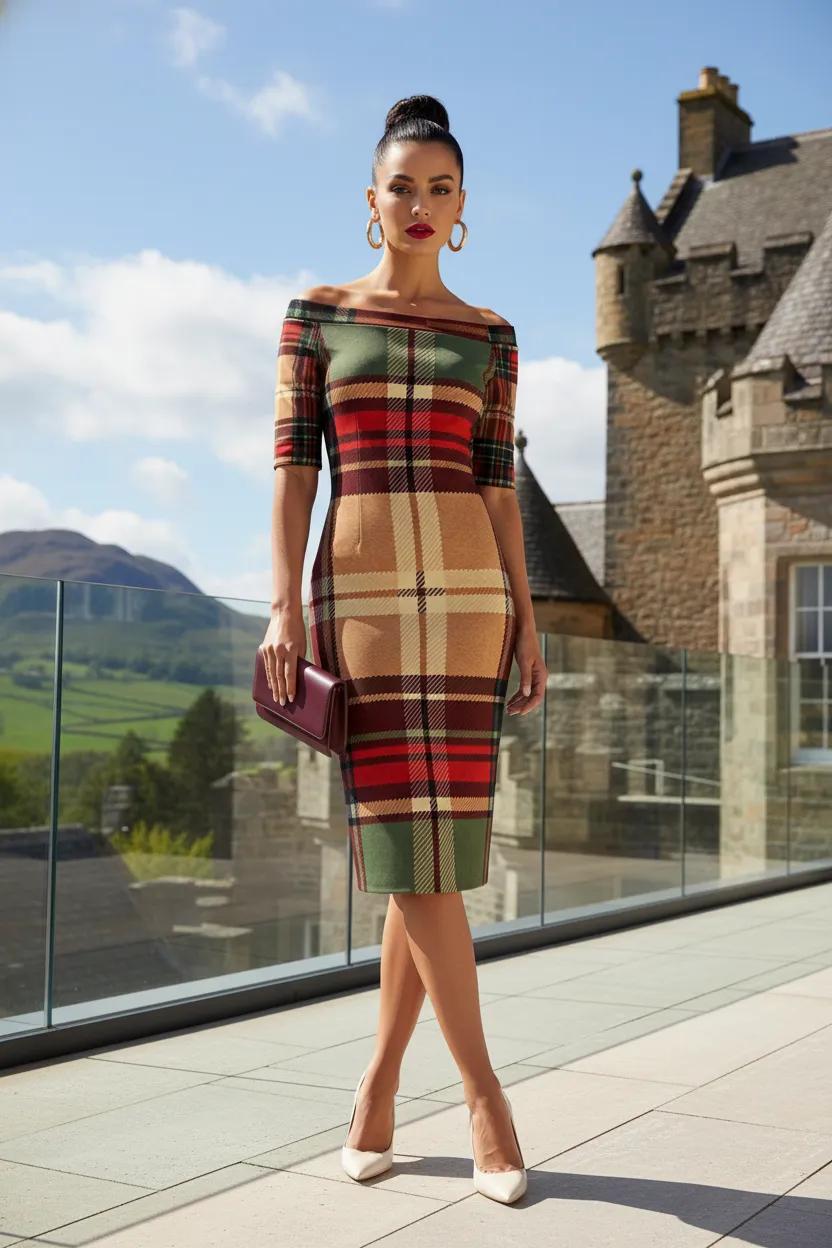 Wrap Dress Tartan Off Shoulder Midi Elegant Outfit for Evening Events