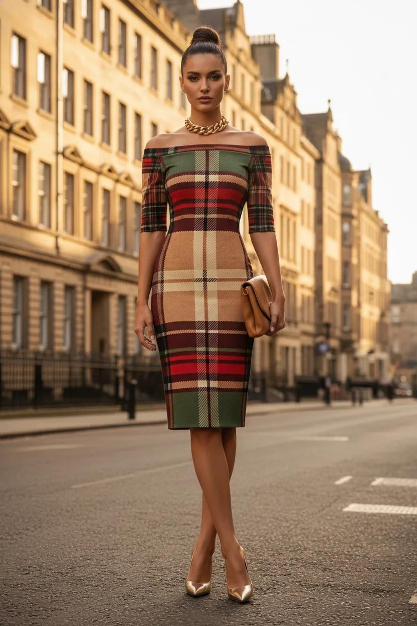 Wrap Dress Tartan Off Shoulder Midi Elegant Evening Outfit Classic Stylish Look