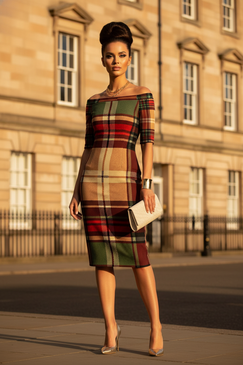 Wrap Dress Tartan Off Shoulder Midi Elegant Evening Outfit with Chic Pattern