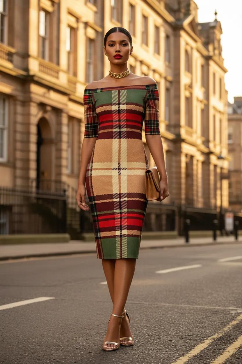 Wrap Dress Tartan Off Shoulder Midi Elegant Evening Outfit Chic Style