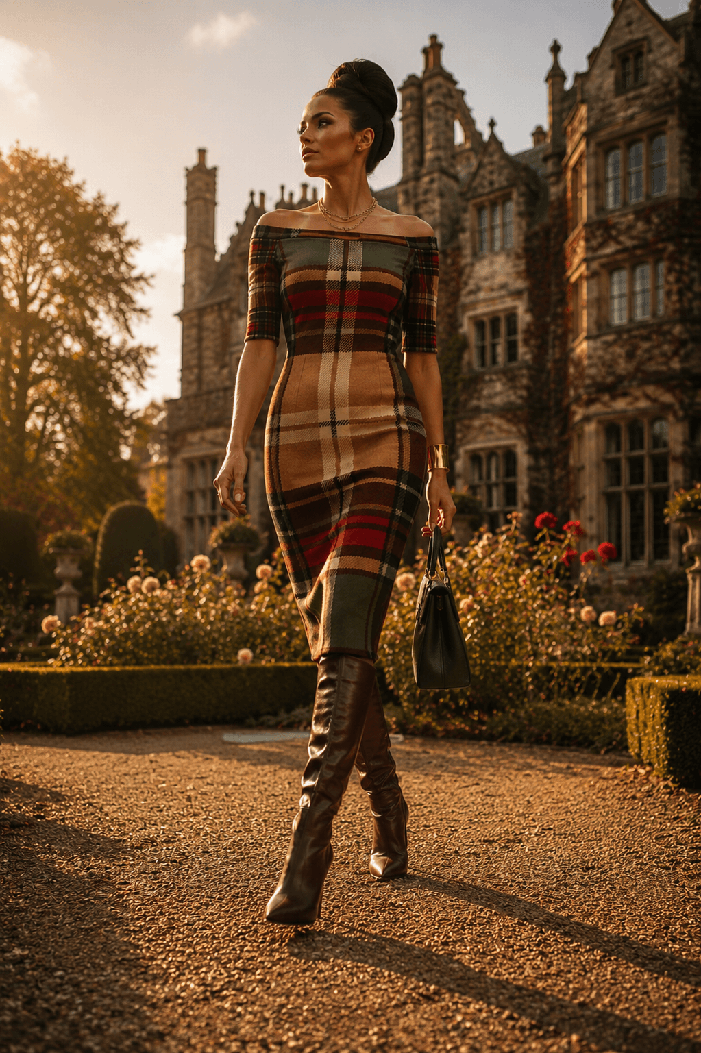 Wrap Dress Tartan Off Shoulder Midi Elegant Evening Outfit with Knee High Boots