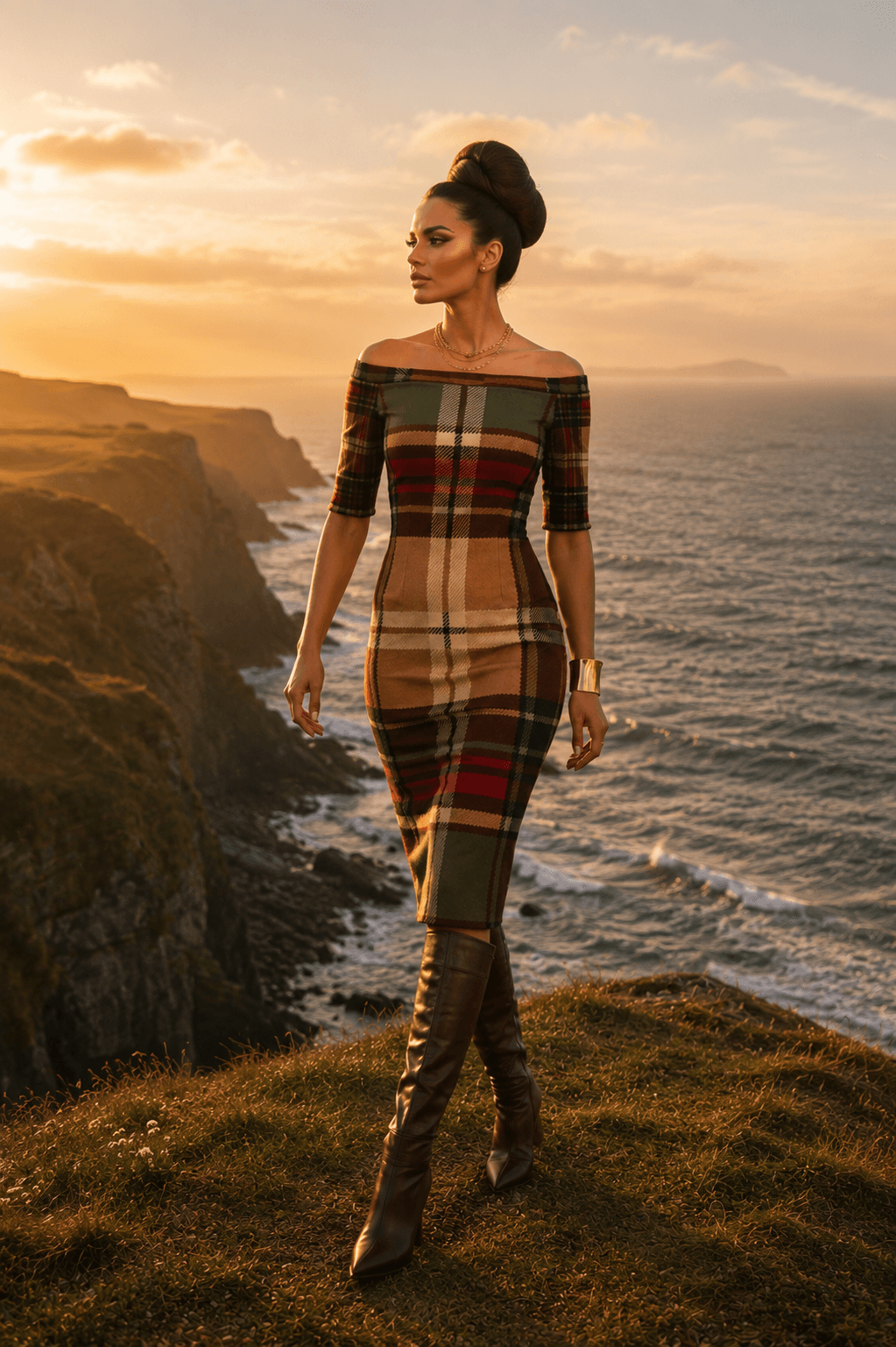Wrap Dress Tartan Off Shoulder Midi Elegant Evening Outfit with Long Boots