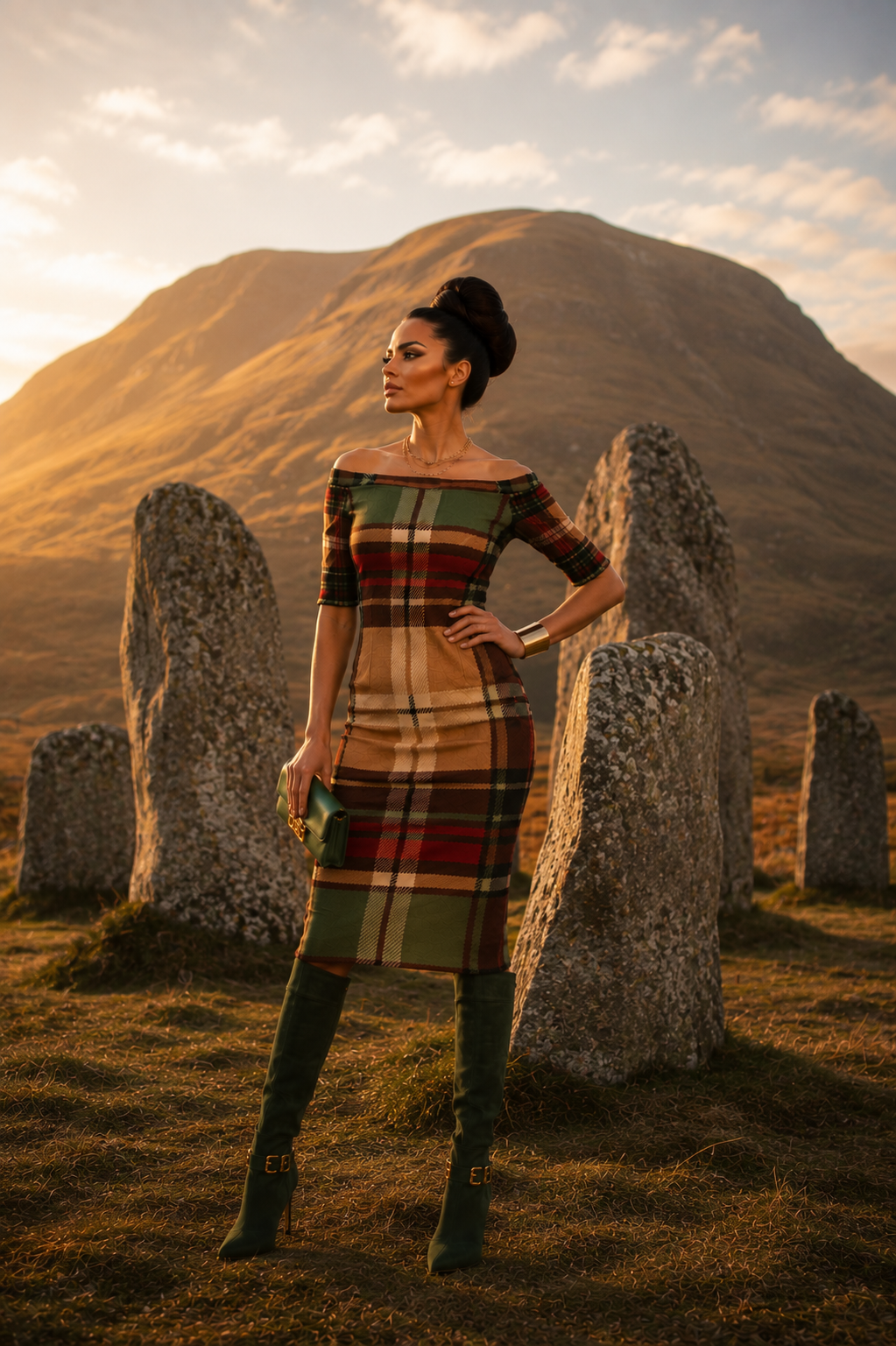 Wrap Dress Tartan Off Shoulder Midi Elegant Evening Outfit with Boots