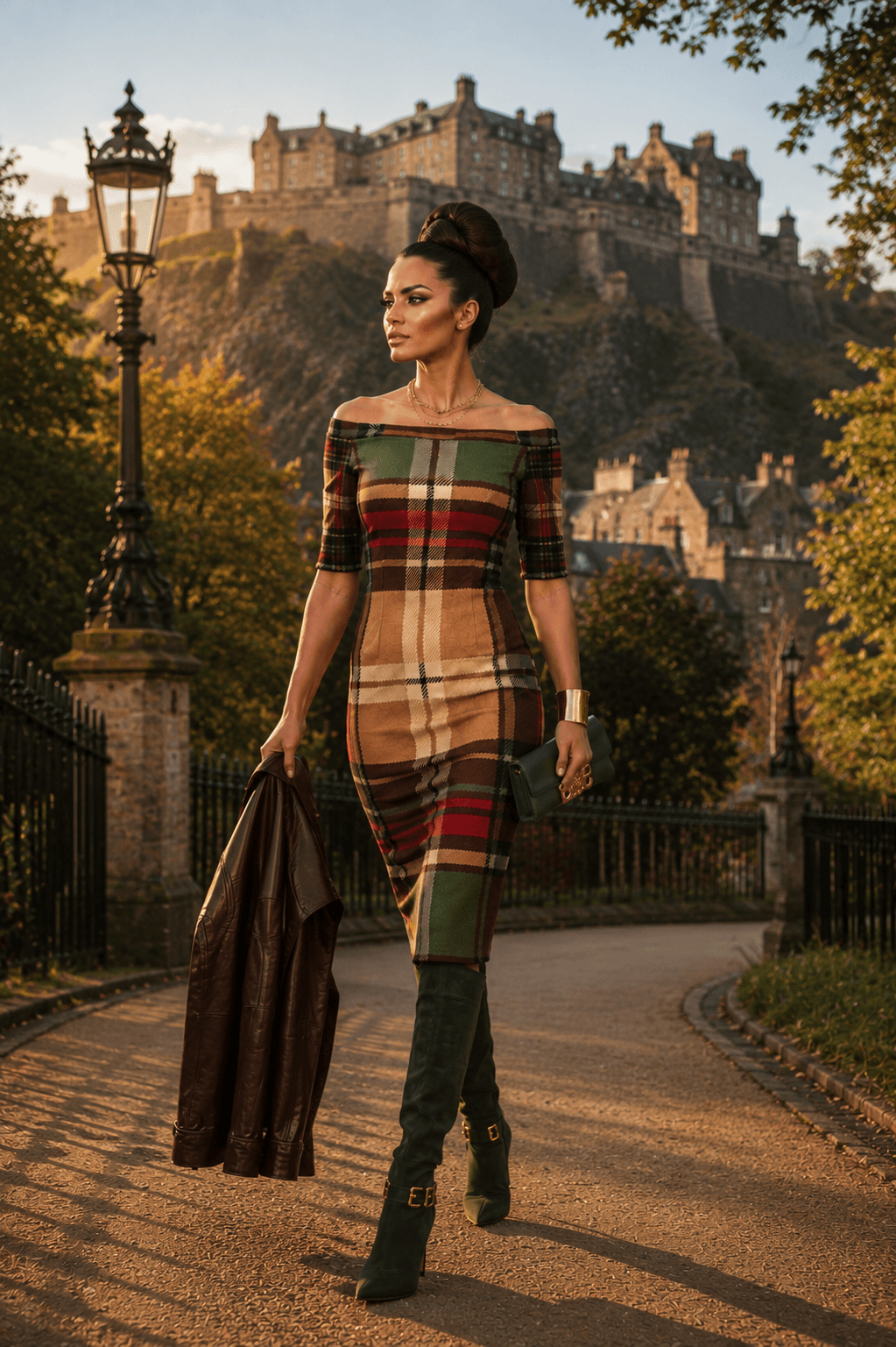 Wrap Dress Tartan Off Shoulder Midi Elegant Outfit for Evening Wear