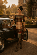 Wrap Dress Tartan Off Shoulder Midi Elegant Evening Outfit with Boots and Handbag