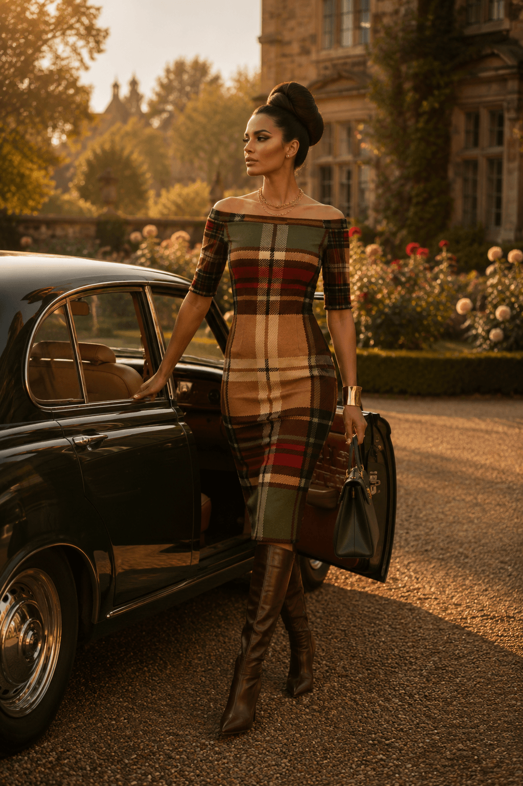 Wrap Dress Tartan Off Shoulder Midi Elegant Evening Outfit with Boots and Handbag