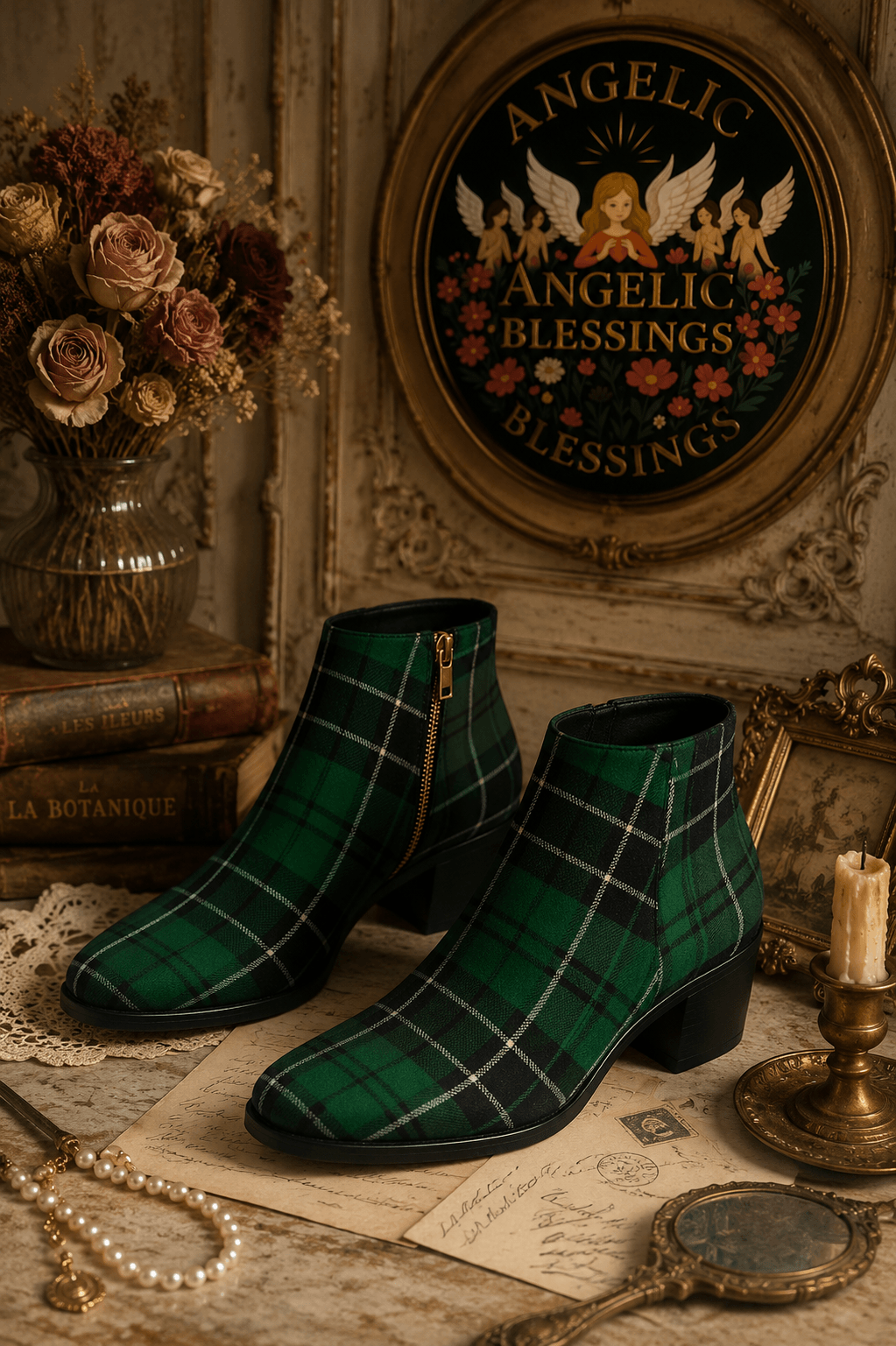 Green Tartan Ankle Boots Women Elegant Evening Outfit Stylish Pattern