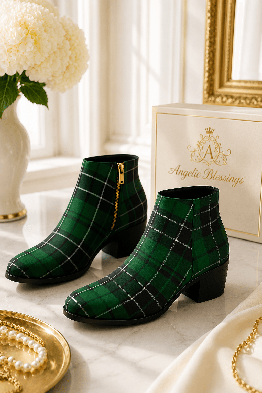 Green tartan ankle boots women with elegant outfit for evening wear