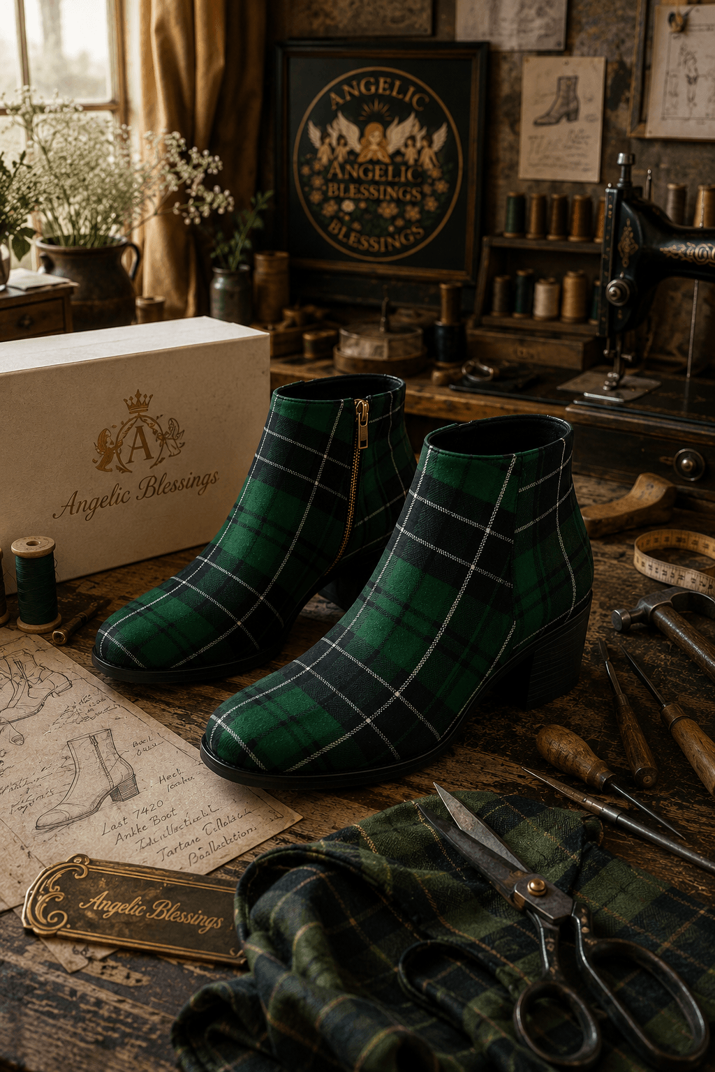 Green Tartan Ankle Boots Women Stylish Elegant Outfit for Evening Wear