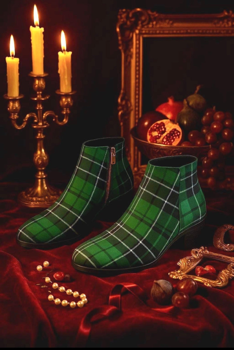 Green tartan ankle boots women elegant outfit with vintage evening accessories
