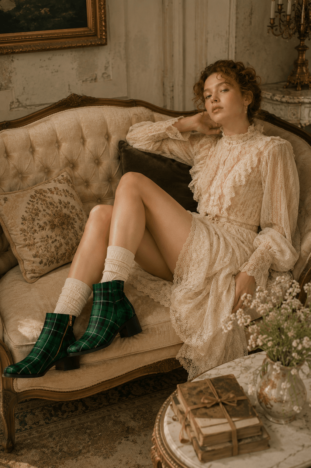 Green Tartan Ankle Boots Women with Elegant Lace Dress Outfit for Evening