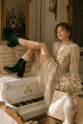 Green Tartan Ankle Boots Women Elegant Vintage Outfit with White Socks