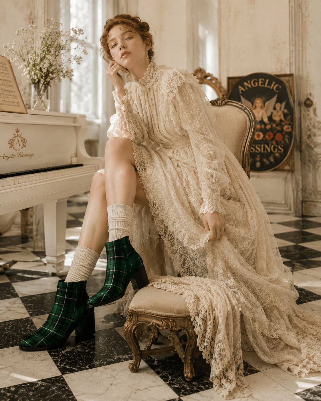 Green tartan ankle boots women styled with elegant vintage lace dress outfit