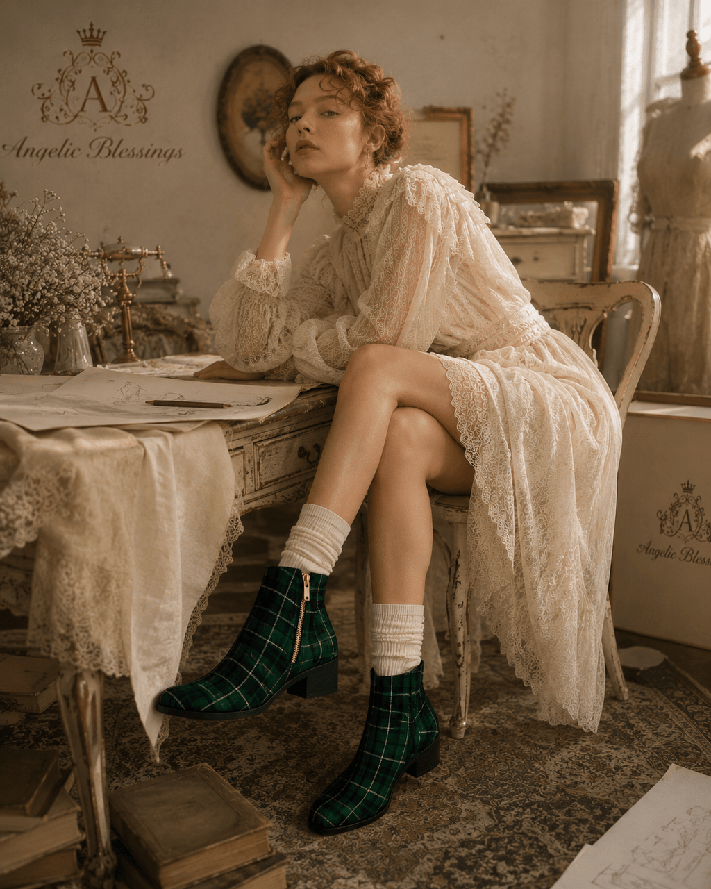 Green Tartan Ankle Boots Women styled with elegant vintage outfit and cozy evening socks