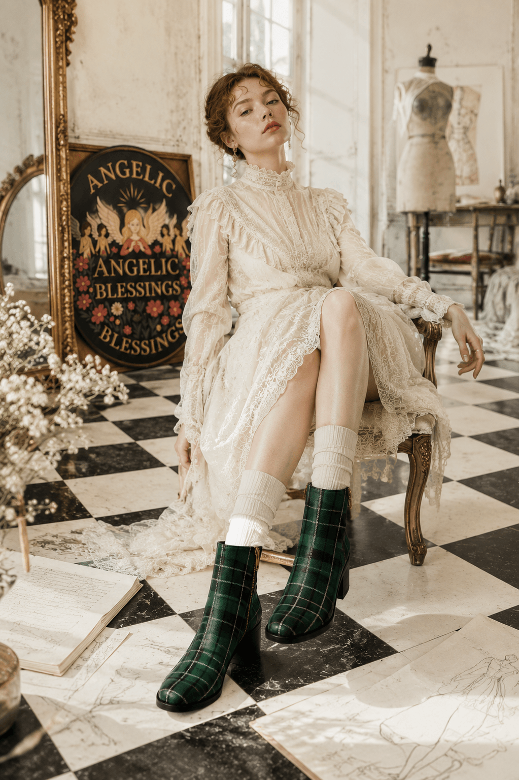 Green Tartan Ankle Boots Women with Elegant Vintage Outfit for Evening Wear