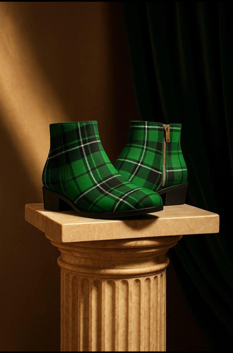 Green Tartan Ankle Boots Women Stylish Elegant Evening Outfit Footwear