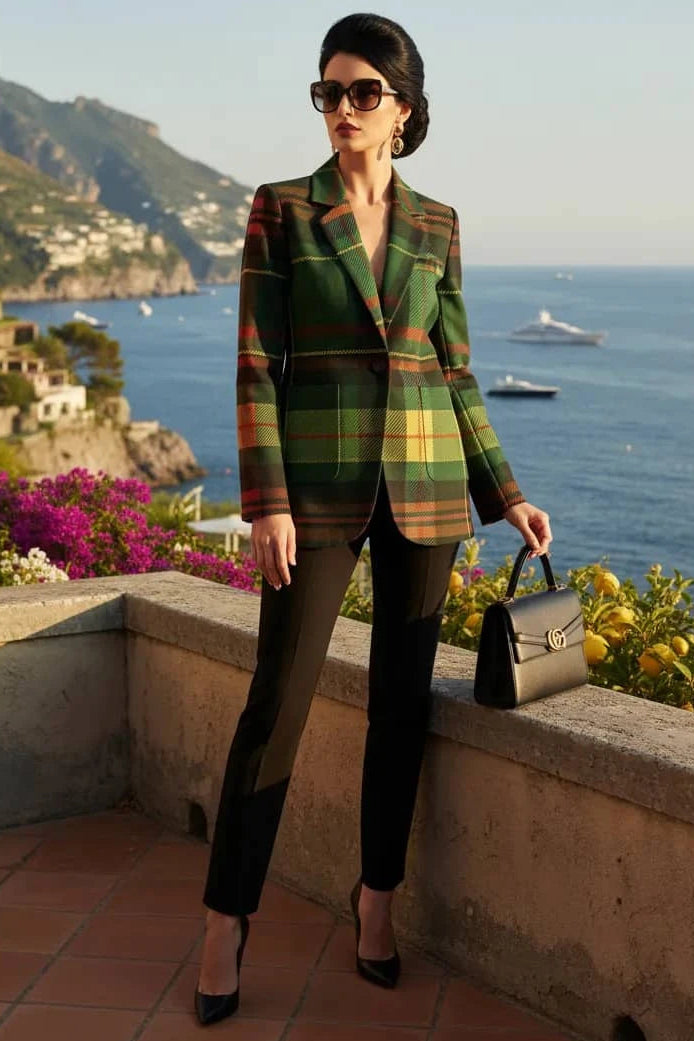 Green tartan women's blazer from Angelic Blessings Shop worn with black pants and heels by a seaside terrace
