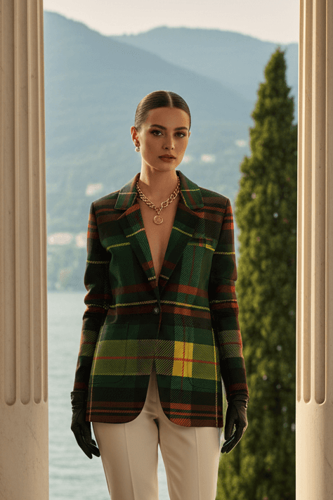 Green tartan women's blazer from Angelic Blessings Shop worn with white pants and brown boots