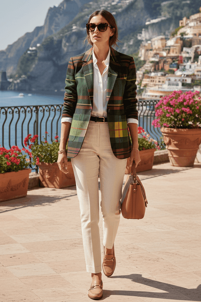 Green tartan women's blazer from Angelic Blessings Shop worn with beige pants and sunglasses outdoors