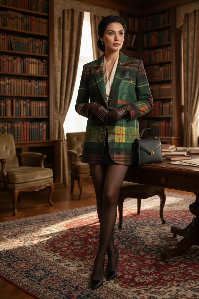 Woman wearing a green tartan women's blazer in a vintage library setting with elegant accessories
