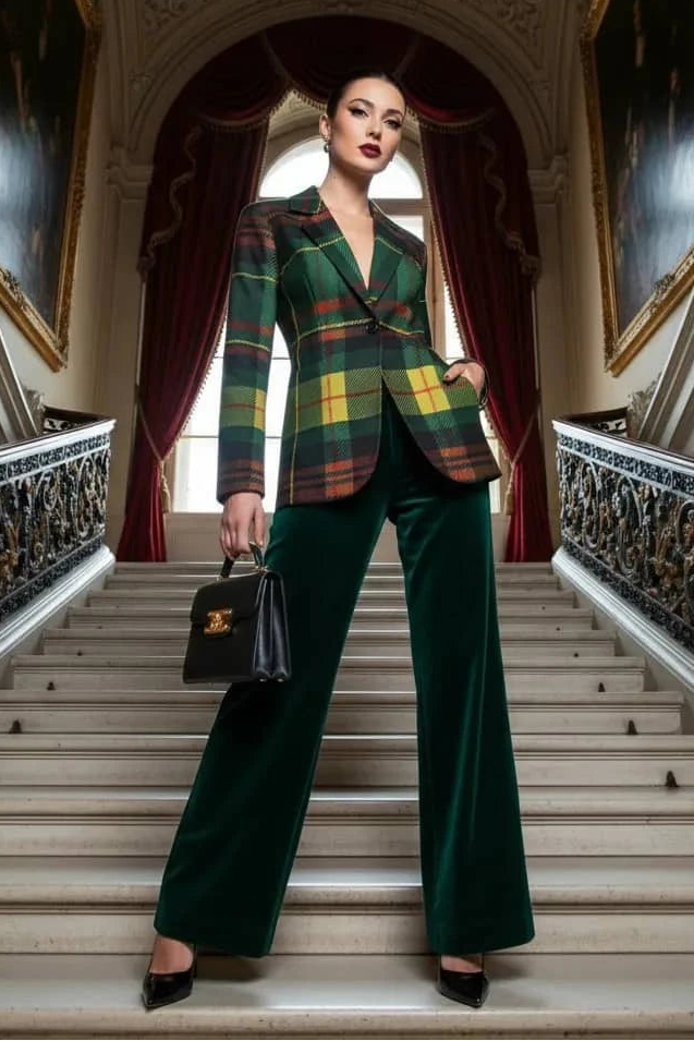 Green tartan women's blazer styled with dark green wide-leg pants and black handbag on elegant staircase