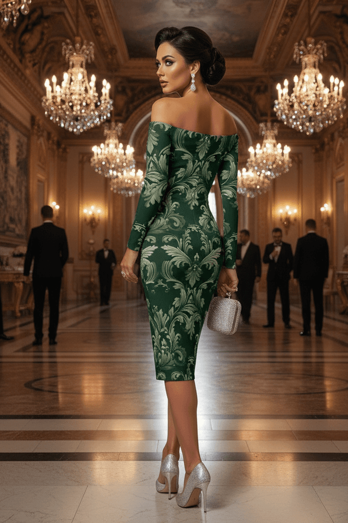 Woman wearing Green Victorian Damask Off Shoulder midi bodycon wrap dress in elegant ballroom setting