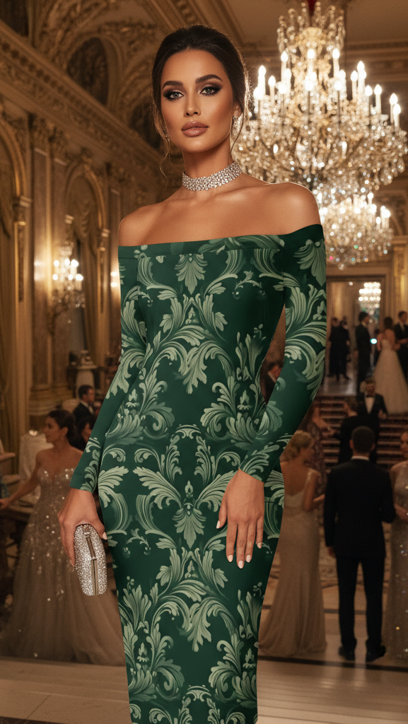 Green Victorian Damask Off Shoulder midi bodycon wrap dress worn at an elegant formal event