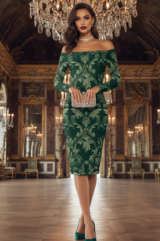 Green Victorian Damask Off Shoulder midi bodycon wrap dress worn by model in elegant historic hall