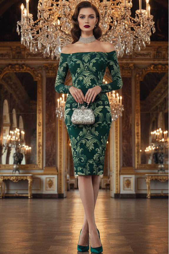 Green Victorian Damask Off Shoulder midi bodycon, wrap dress worn in a grand ornate hall