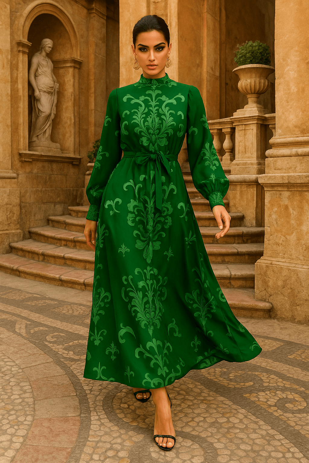 Green Victorian High Neck Maxi Dress by Angelic Blessings with long sleeves and elegant floral pattern