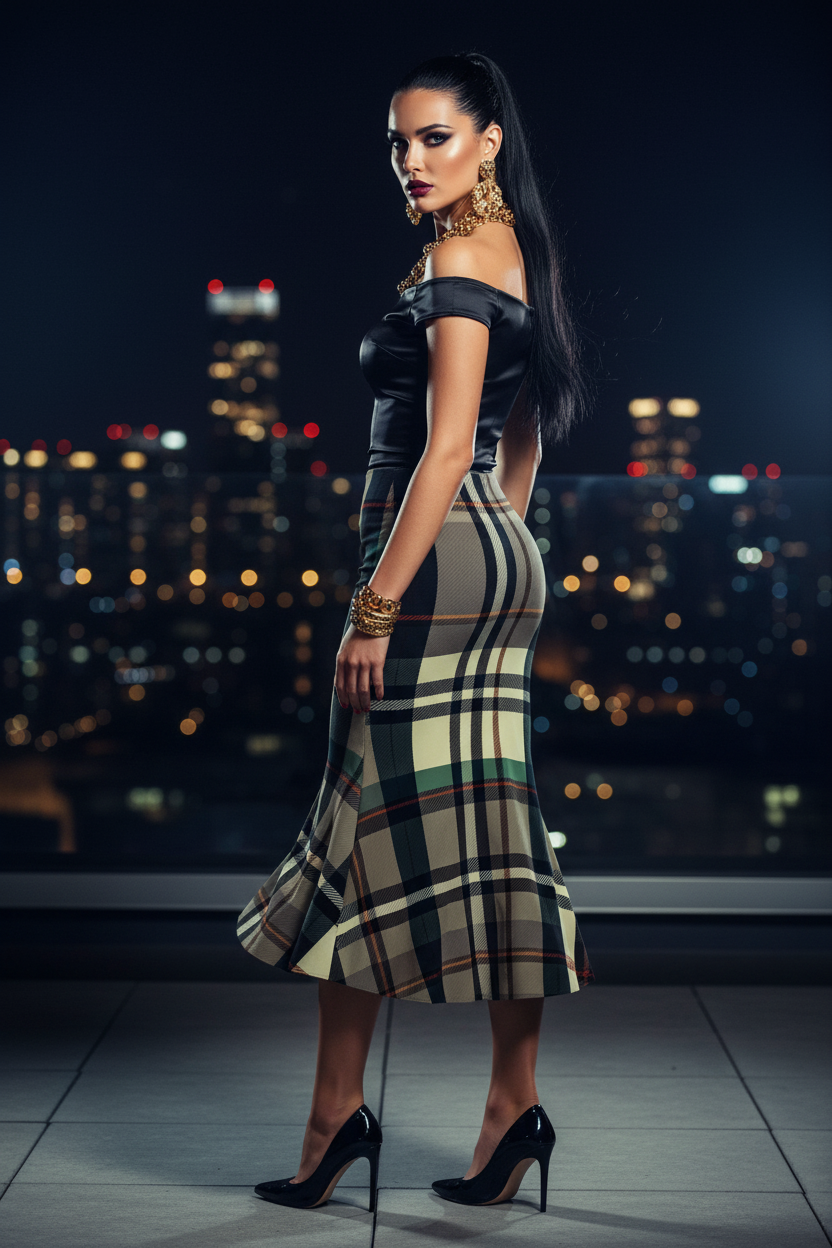Grey-Green Tartan Fishtail Skirt High Waist maxi skirt elegant evening outfit style