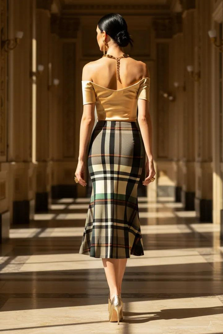 Grey-Green Tartan Fishtail Skirt High Waistmaxi Skirt Elegant Evening Outfit