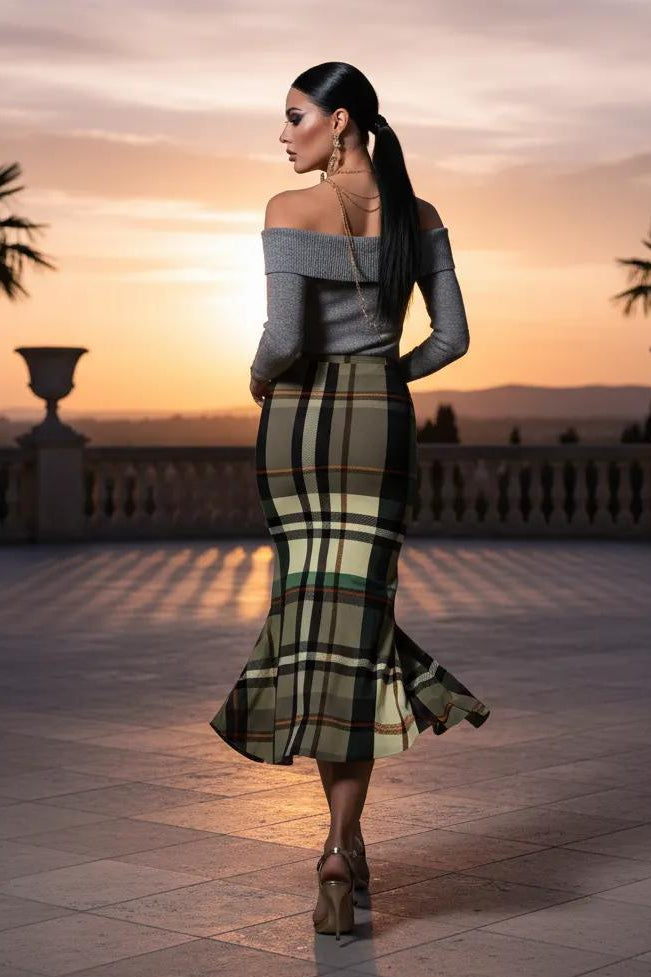 Grey-Green Tartan Fishtail Skirt High Waistmaxi Skirt Elegant Evening Outfit Trendy Fashion